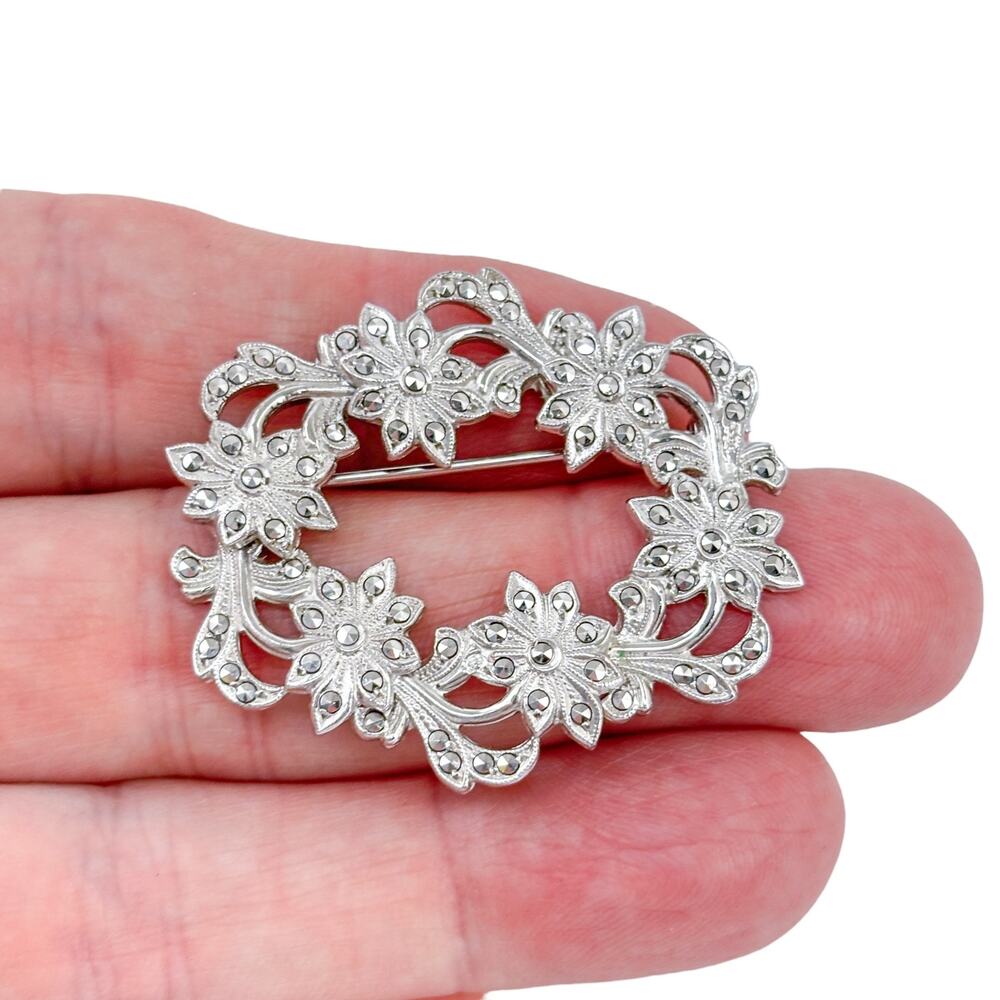 Vintage Sterling Silver 925 Marcasite Flower Wreath Brooch